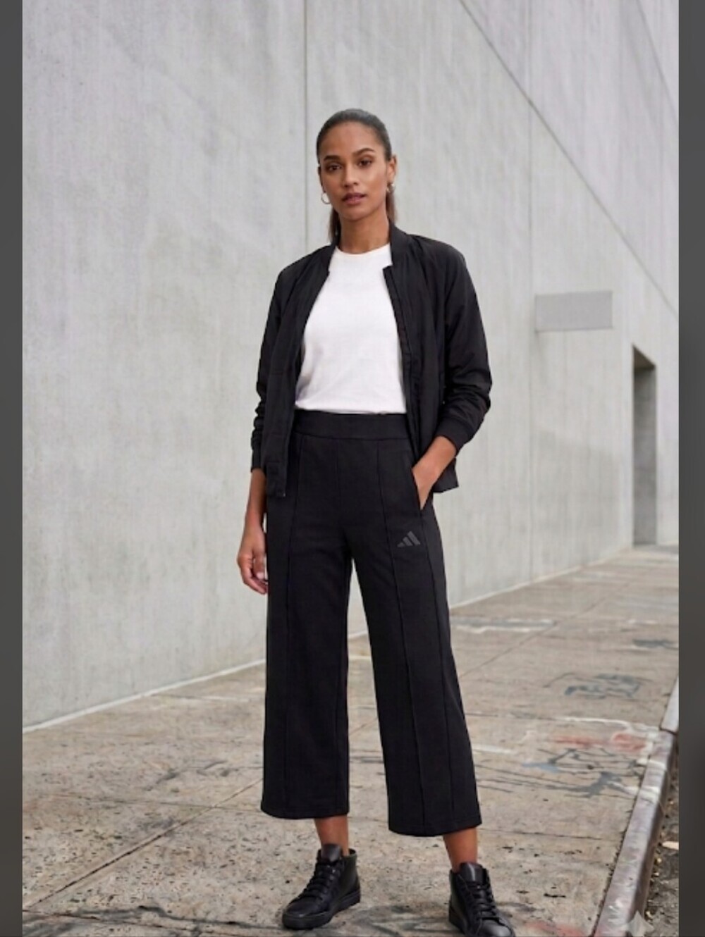ADIDAS BLACK WIDE LEG ATHLETIC PANTS SMALL HIGH WAIST ZIP POCKETS ATHLEISURE